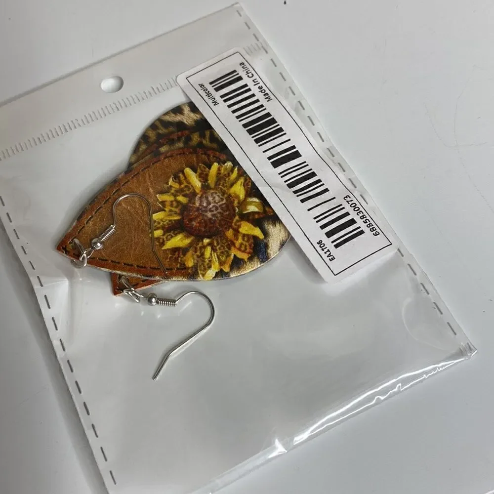 Sunflower Faux Leather Leopard Print Earrings